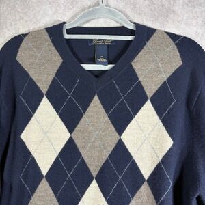 Garret Scott Sweater Men M‎ Navy Blue Argyle V-Neck Merino Wool Pullover Preppy